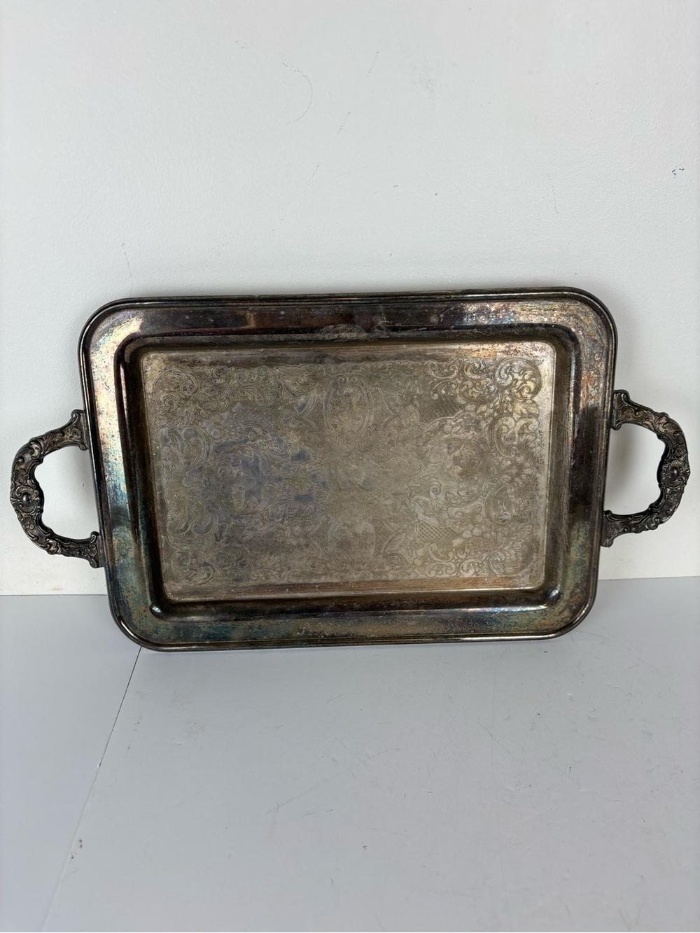 Vintage Ornate Decorative Serving Tray in Distressed Silver Tone